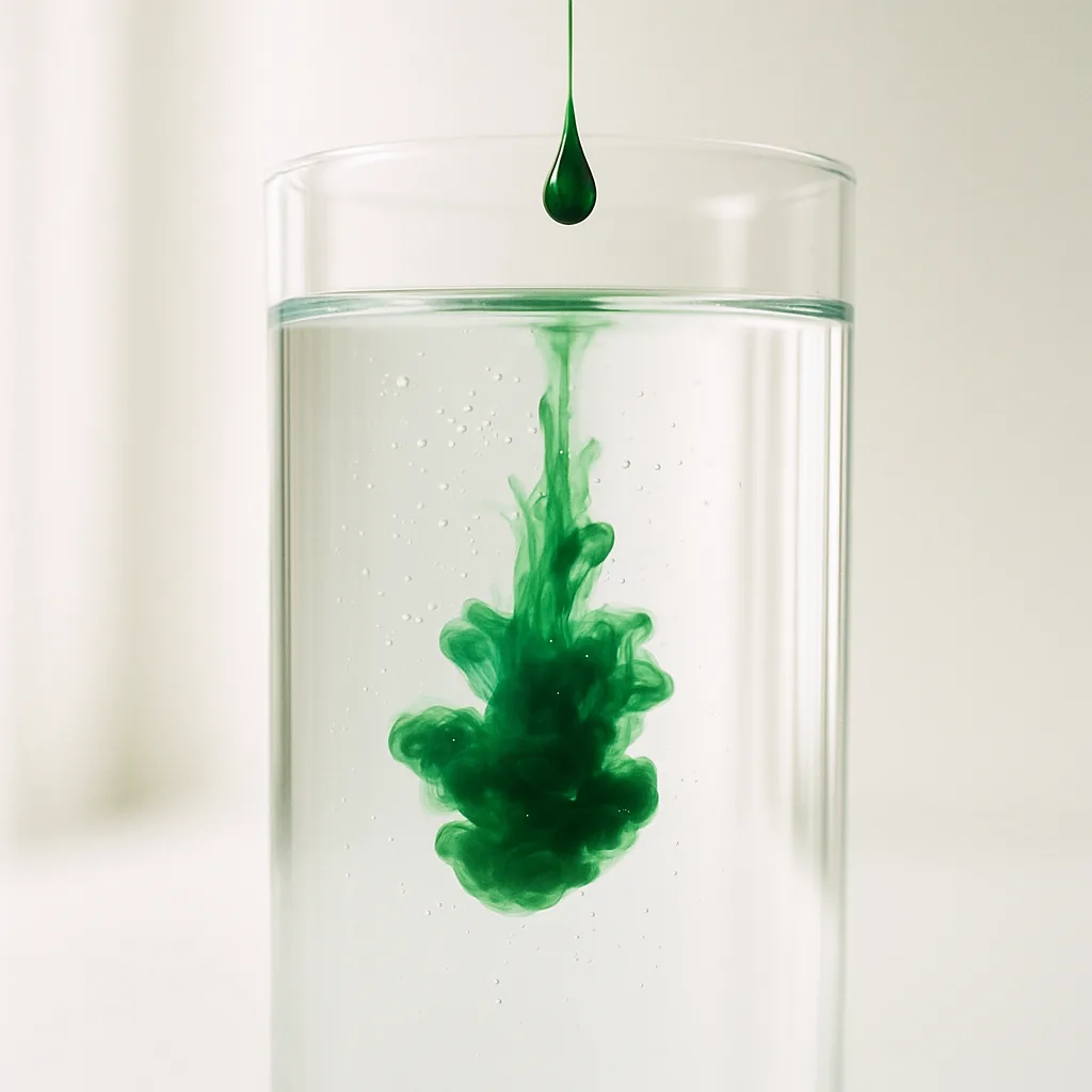 Kropla chlorofilu z Detoxil Water rozpuszczająca się w szklance wody