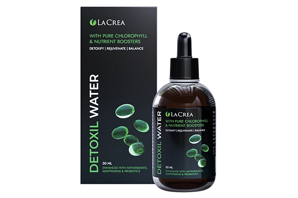Detoxil Water — krople na pasożyty, butelka 50 ml z pipetą i opakowanie producenta LaCrea